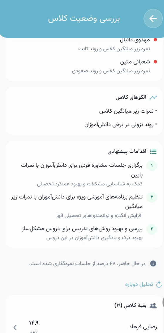 الگوهای کلاس و اقدامات پیشنهادی در تحلیل کلاس با هوش مصنوعی بههمراه دکمهٔ تحلیل دوباره