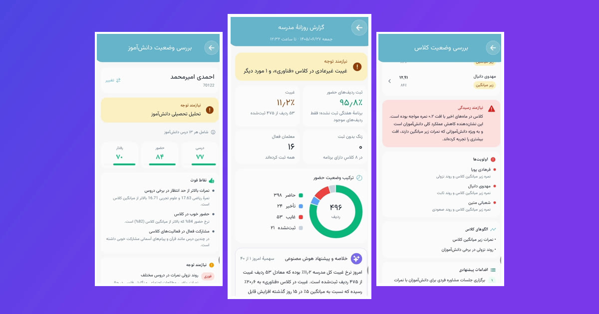 سه گزارش هوش مصنوعی اپلیکیشن پارس آموز: گزارش روزانهٔ مدرسه، بررسی وضعیت دانشآموز و بررسی وضعیت کلاس