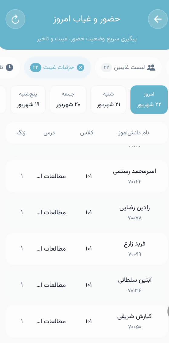 جدول جزئیات غیبت با نام دانشآموز، کلاس، درس و زنگ