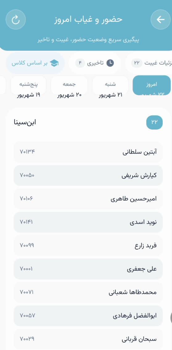 غیبتهای امروز به تفکیک کلاس با تعداد و فهرست غایبان هر کلاس