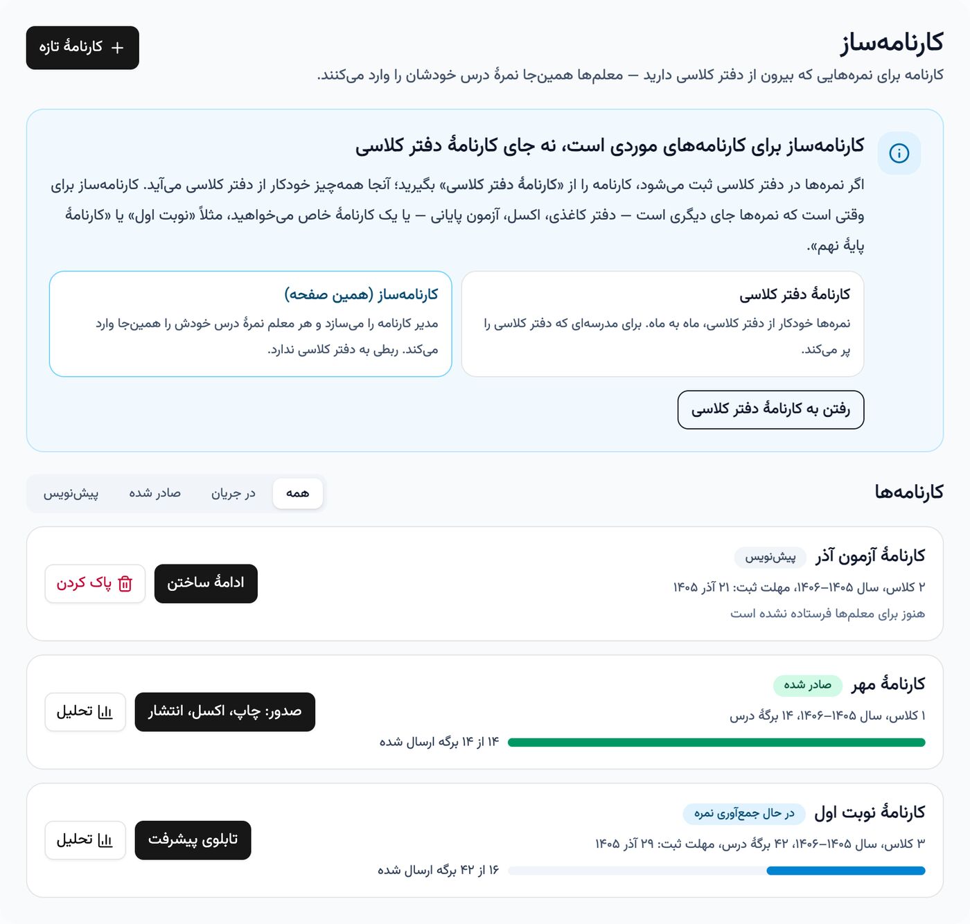 صفحهٔ کارنامه‌ساز در پنل پارس آموز با توضیح فرق کارنامهٔ دفتر کلاسی و کارنامه‌ساز و فهرست کارنامه‌های پیش‌نویس، صادرشده و در حال جمع‌آوری