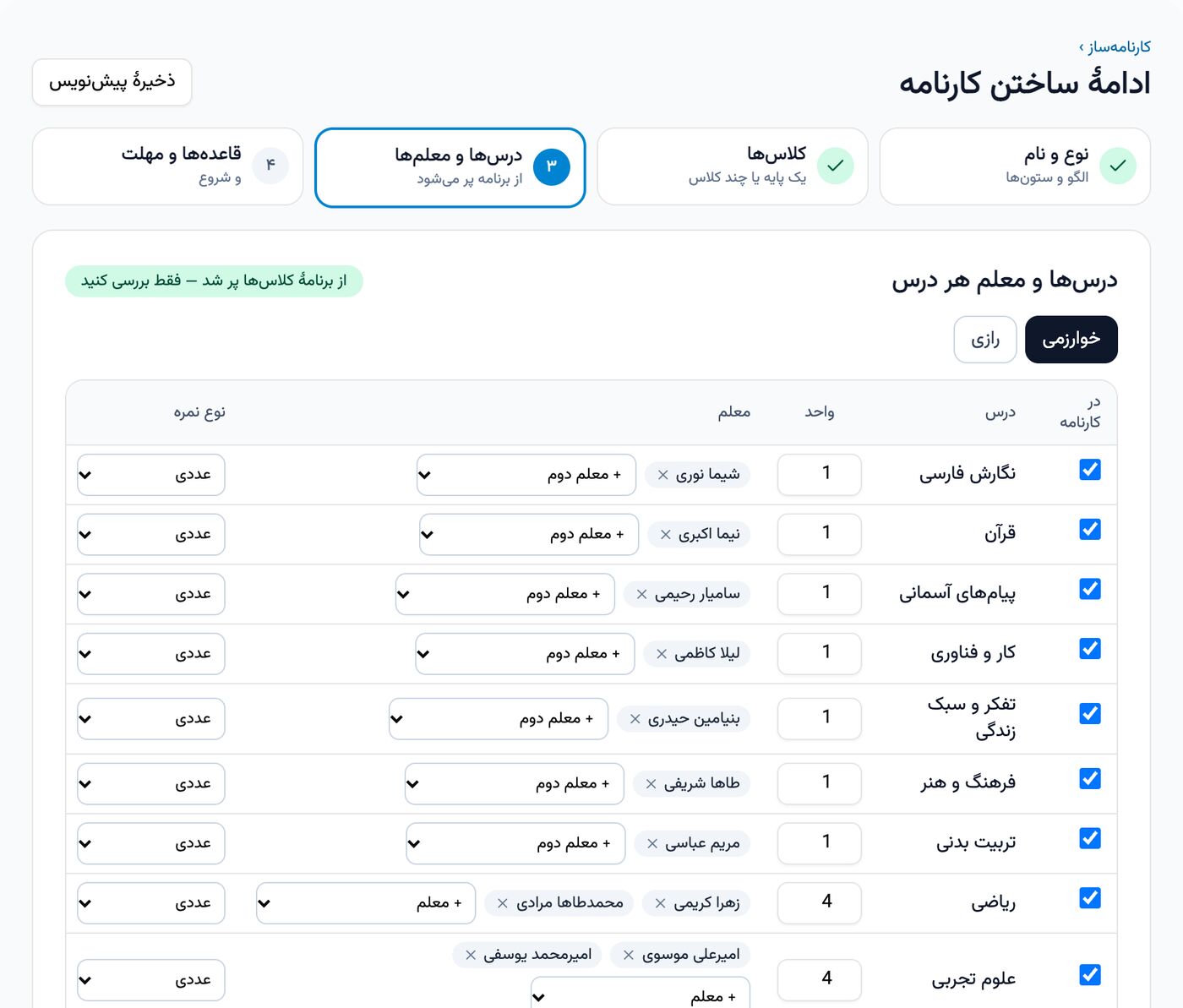 قدم درس‌ها و معلم‌ها در جادوگر کارنامهٔ تازه با درس‌ها، واحد و معلم هر درس که از برنامهٔ کلاس‌ها پر شده است