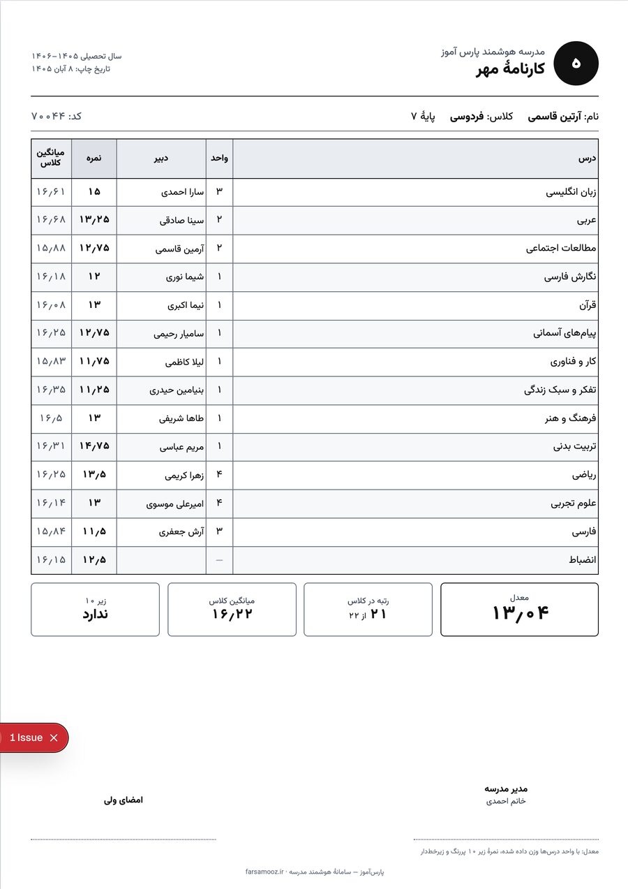 کارنامهٔ چاپی A4 کارنامه‌ساز با درس‌ها، واحد، دبیر، نمره و میانگین کلاس، معدل، رتبه و جای امضای مدیر و ولی