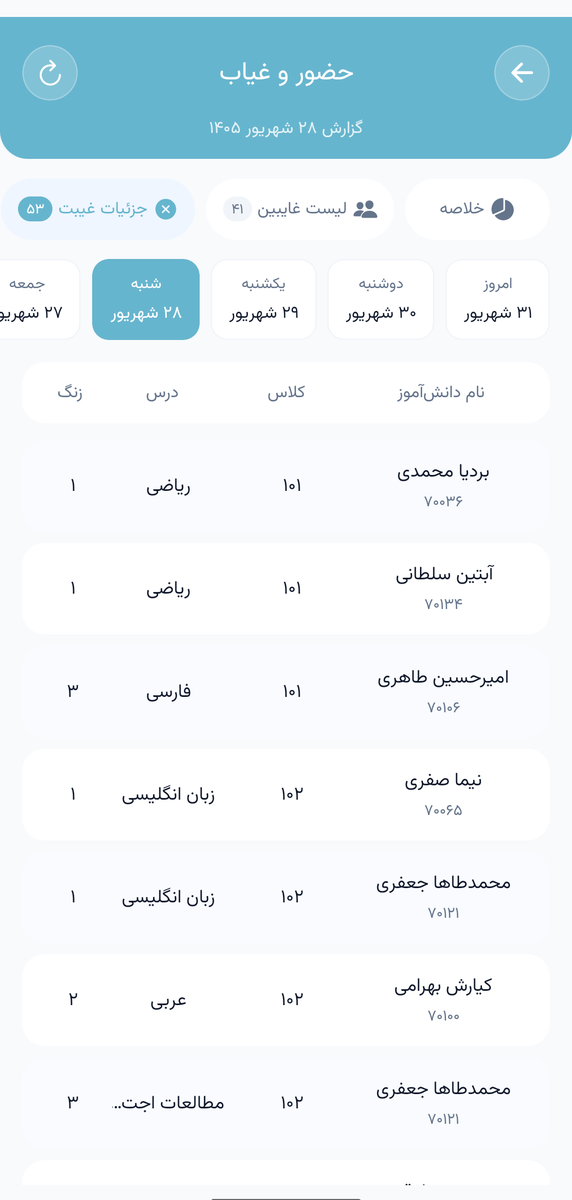 جزئیات غیبت: چه کسی، کدام کلاس، کدام درس، کدام زنگ — اپلیکیشن موبایل پارس آموز