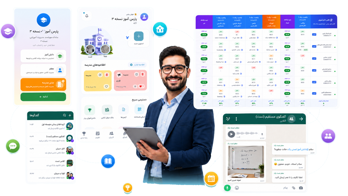 نمای کلی پارس آموز؛ اپلیکیشن موبایل (انتخاب نقش و صفحه‌ی اصلی)، دفتر نمره و حضور و غیاب کلاس، و گفتگوهای مدرسه در وب و موبایل