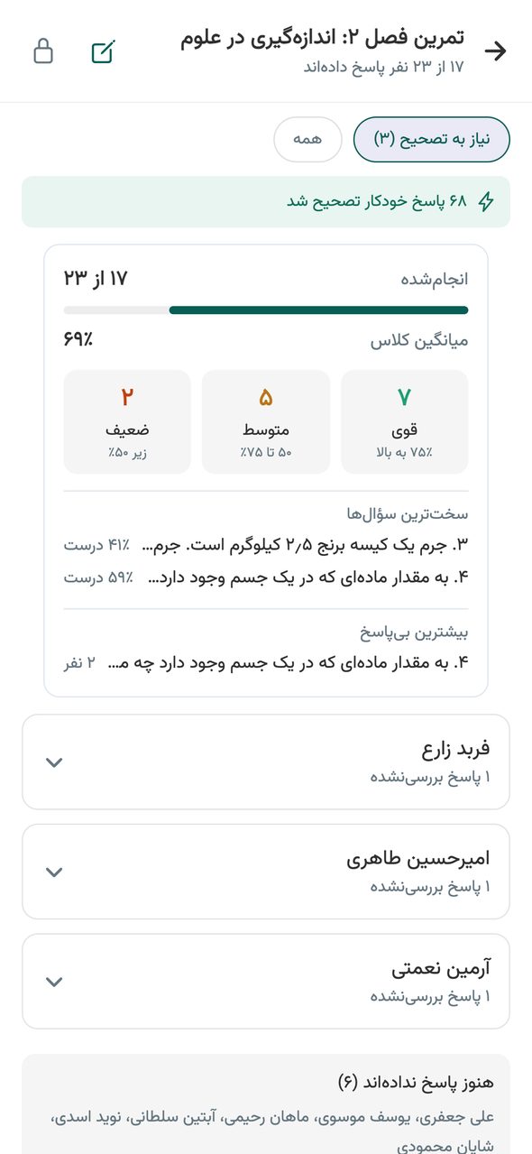 صفحهی پاسخهای تکلیف با شمار انجامدهندگان، میانگین کلاس و سختترین سؤالها