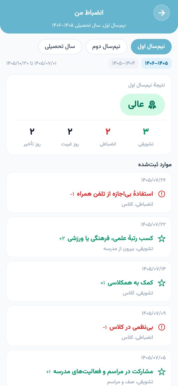 صفحه‌ی «انضباط من» در اپ دانش‌آموز پارس آموز با شمار موارد تشویقی و انضباطی و فهرست موارد ثبت‌شده